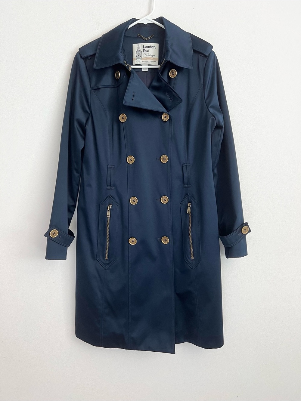 London Fog Heritage Double Breasted Navy Blue Trench Coat Gold Dark Academia M
